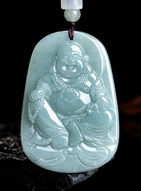 天然翡翠蓝水弥勒佛公玉石吊坠