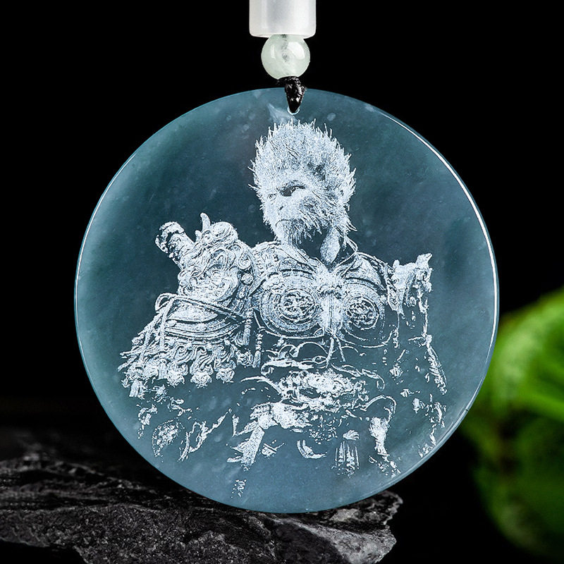天然A货正品蓝水翡翠影雕黑神话悟空齐天大圣玉石吊坠挂件配证书