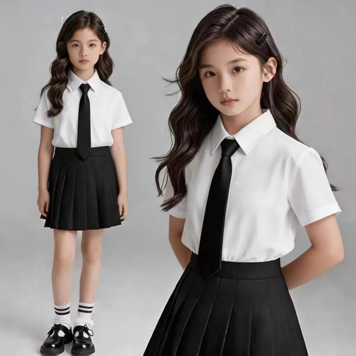 儿童dk制服白衬衣女孩西服套装领带衬衫裙子演讲比赛演出服初中生图片