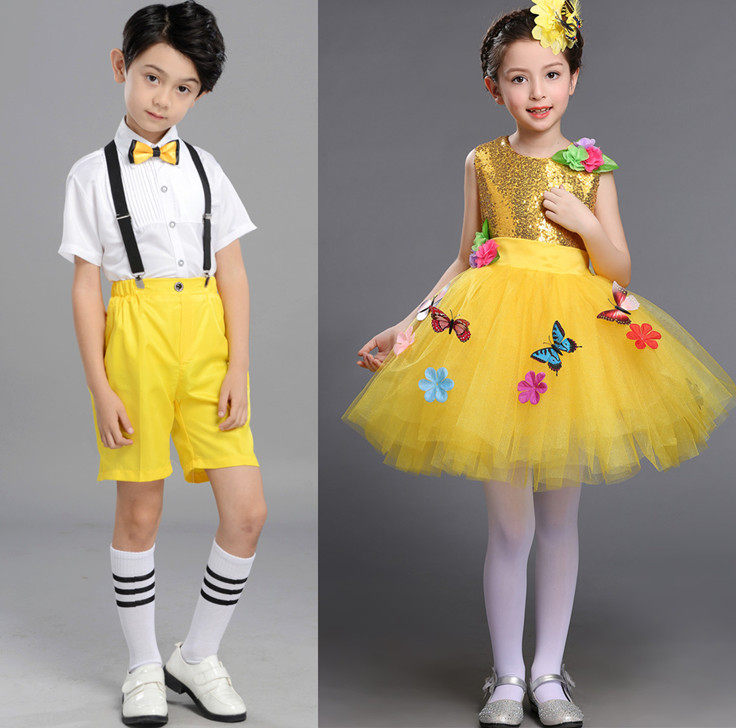 六一黄色儿童演出服幼儿园大班小班舞蹈蓬蓬裙男生背带裤蝴蝶仙子