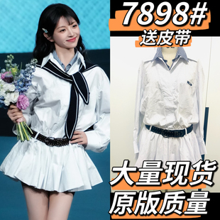 连衣裙早春学院风短裙女 低腰衬衫 田曦薇同款 白色细格纹双领长袖