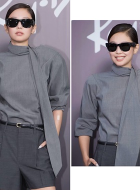 jennie同款灰色长袖衬衫女2025秋季设计感小众显瘦气质飘带上衣潮