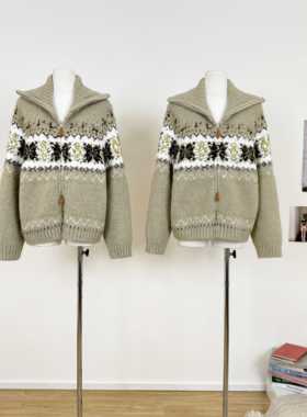 姜妍同款SELFWHO绵羊毛混纺费尔岛翻领针织开衫女冬季新款毛衣