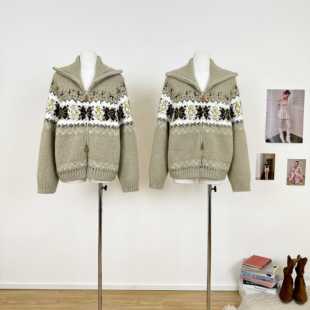 姜妍同款SELFWHO绵羊毛混纺费尔岛翻领针织开衫女冬季新款毛衣