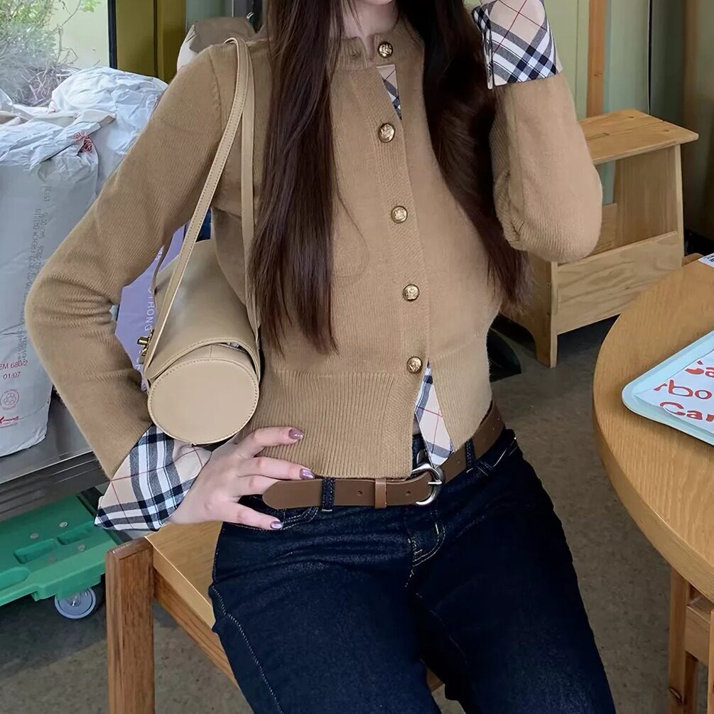 红R假两件修身针织开衫女秋款