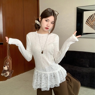 上衣 长袖 宋正恩杏色木耳边内搭打底衫 t恤女秋冬2025蕾丝花边修身