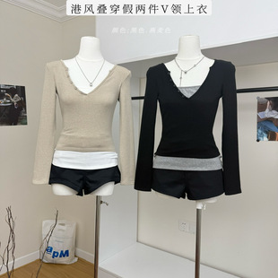 Xzichic乐基尔同款天丝羊毛港风长袖T恤叠穿假两件V领打底衫上衣