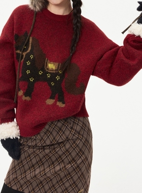 Dangerous薛之谦同款dsp新款小马针织衫冬宽松慵懒情侣红色毛衣