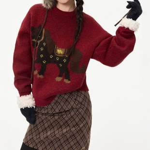 Dangerous薛之谦同款dsp新款小马针织衫冬宽松慵懒情侣红色毛衣