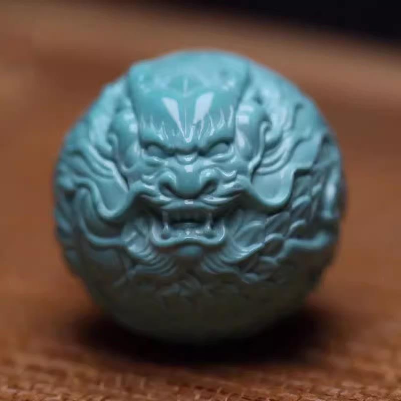 吉祥】湖北秦古原矿高瓷绿松石龙珠单珠散珠白蓝回纹珠雕刻圆珠金