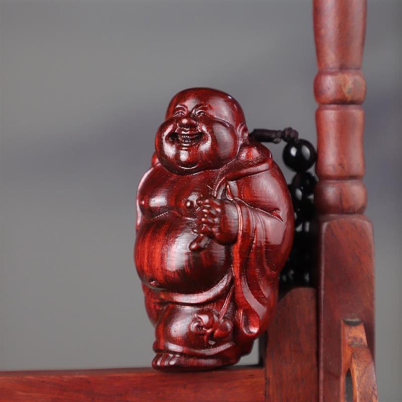 吉祥】小叶紫檀木雕刻弥勒佛手把件笑口常好运自然来车挂随身盘玩