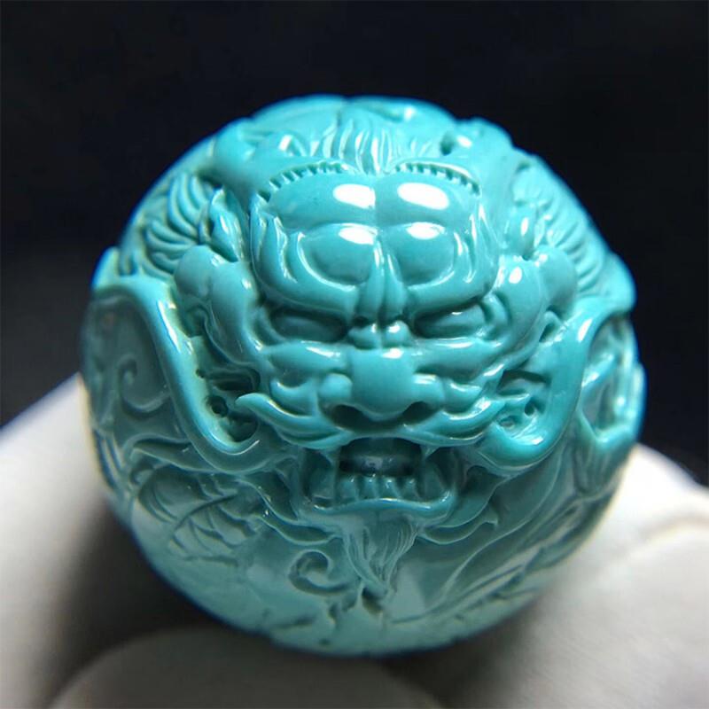 吉祥】天然原矿绿松石龙珠单颗高瓷蓝松石圆珠雕刻散珠手串隔珠顶