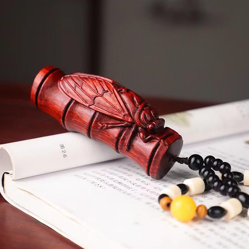 吉祥】紫檀木一鸣惊人木雕竹节蝉实木雕刻蜥蜴手把件吊坠文玩工艺