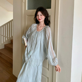 蓝色法式浪漫轻薄衬衫半身裙三件套装女2025新款夏日绝美套装穿搭，商品下架区，浙宝092