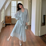 蓝色法式浪漫轻薄衬衫半身裙三件套装女2025新款夏日绝美套装穿搭，商品下架区，浙宝092