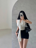 YoungGirlDay纯欲辣妹性感荡领飘带修身 显瘦褶皱收腰无袖 背心上衣