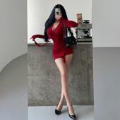 YoungGirlDay 纯欲风性感V领系脖飘带褶皱收腰长袖 包臀连衣裙短裙