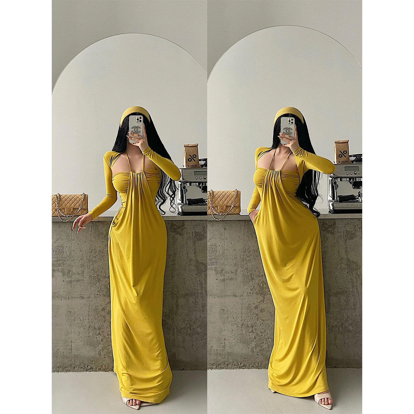 YoungGirlDay纯欲风性感褶皱抹胸挂脖连衣裙拖地长裙长袖坎肩套装