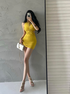 YoungGirlDay辣妹风性感修身 包臀连衣裙短裙 显瘦褶皱镂空露腰无袖