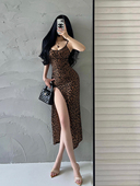 YoungGirlDay欧美辣妹性感豹纹修身 显瘦包臀高开叉吊带连衣裙长裙