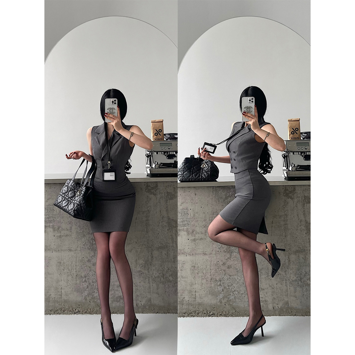 YoungGirlDay御姐高智感OL双排扣马甲背心高腰包臀半身裙西装套装