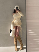 YoungGirlDay纯欲性感一字肩修身 显瘦抽绳褶皱长袖 包臀连衣裙短裙