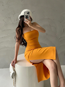 YoungGirlDay纯欲性感紧身显瘦褶皱开叉中长款 包臀抹胸打底连衣裙