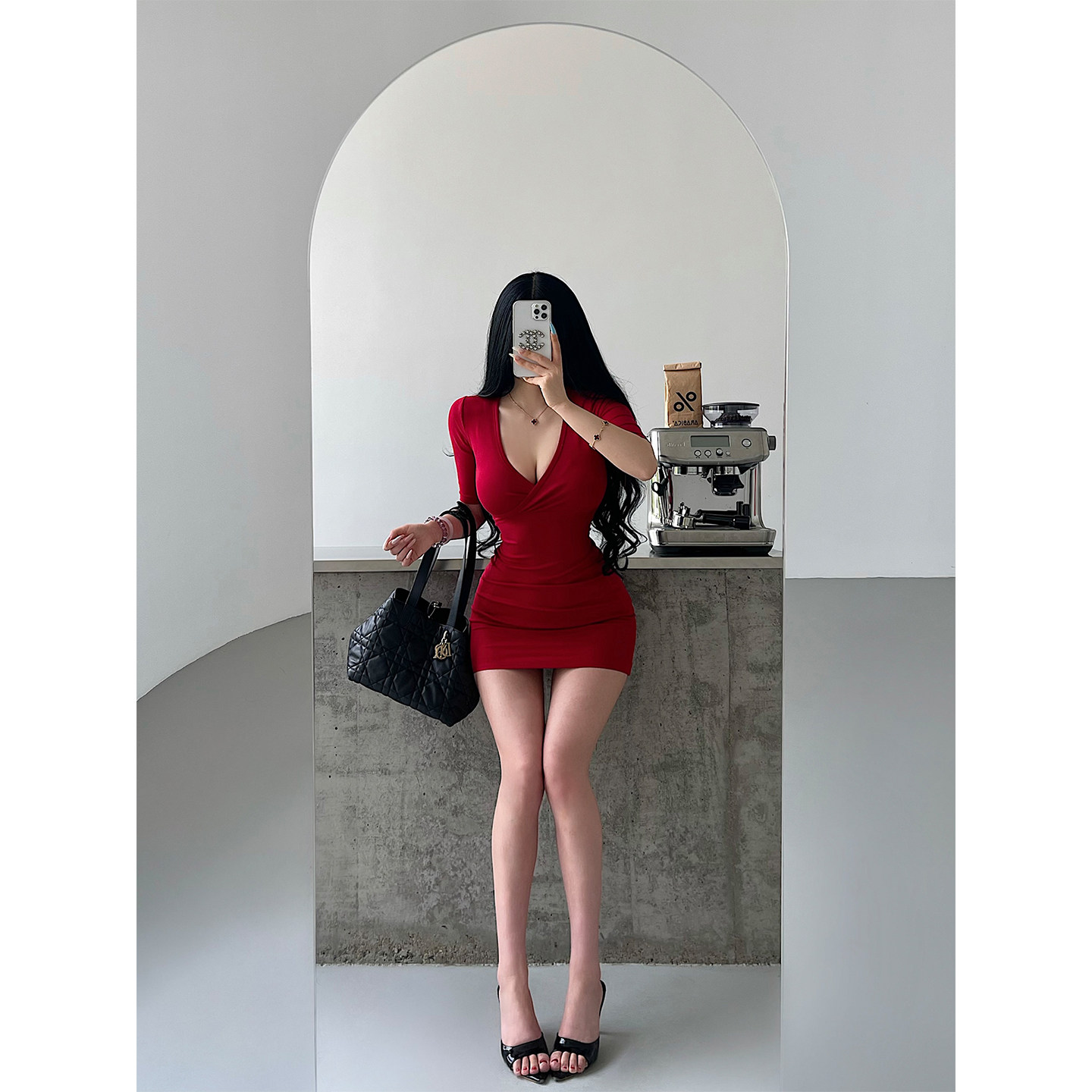 YoungGirlDay 纯欲风辣妹性感交叉V领修身显瘦中袖包臀连衣裙短裙