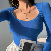 显瘦包肩露锁骨显胸长袖 YoungGirlDay 纯欲性感修身 打底T恤上衣女