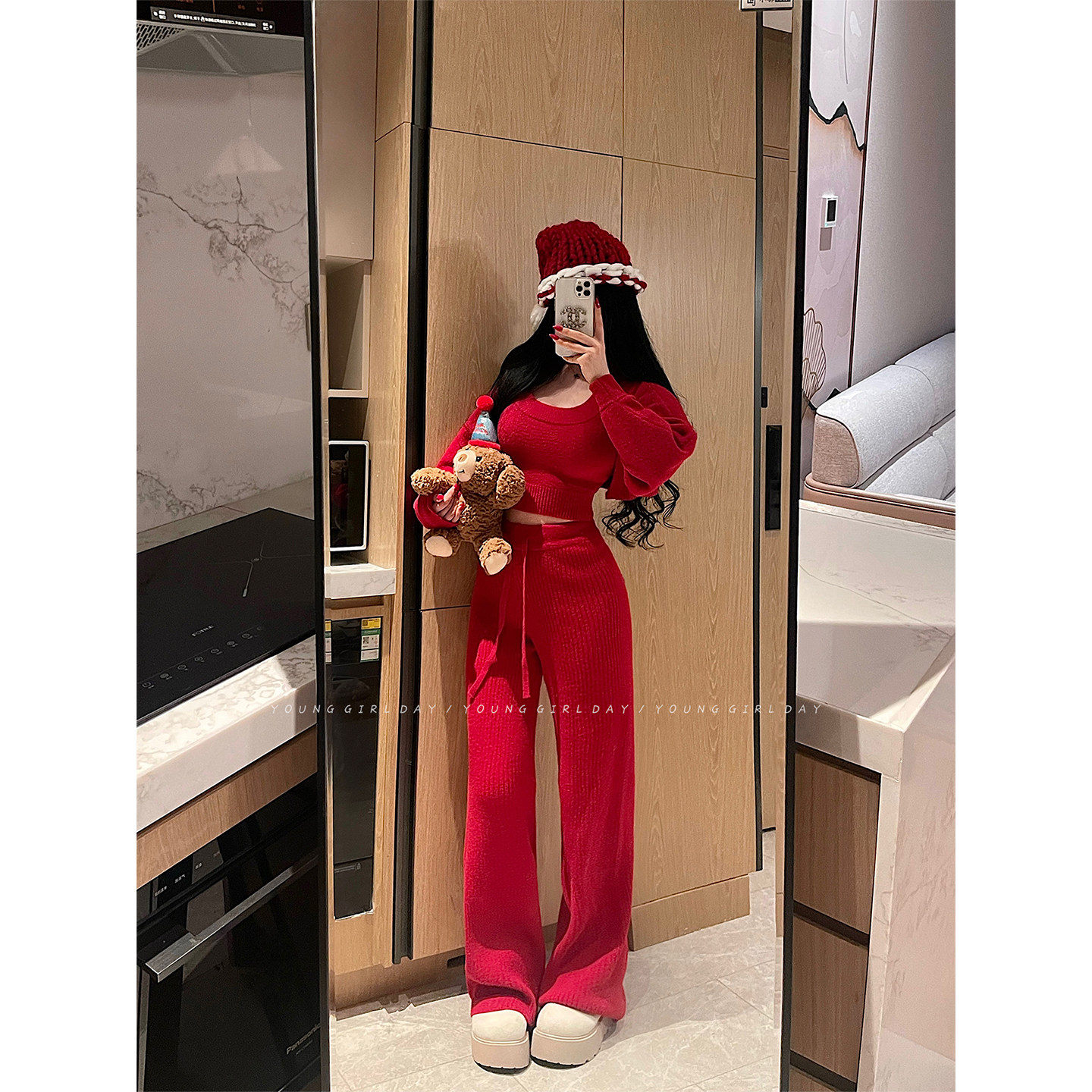 YoungGirlDay新年圣诞纯欲背心长袖披肩高腰抽绳休闲长裤针织套装,女装/女士精品,时尚套装,淘宝优惠券,粉丝福利购,淘宝优惠卷