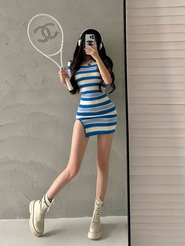 辣妹性感条纹开叉包臀连衣裙短裙