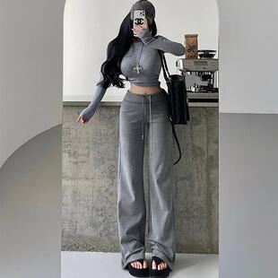 YoungGirlDay欧美时髦高腰抽绳加绒加厚显腿长直筒休闲裤 拖地长裤