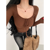 长袖 YoungGirlDay 纯欲温柔风U领蝴蝶结系带修身 坑条打底T恤上衣