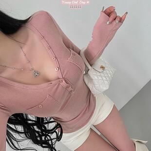 YoungGirlDay纯欲V领口袋单排扣修身 打底T恤上衣 显瘦双面磨毛长袖