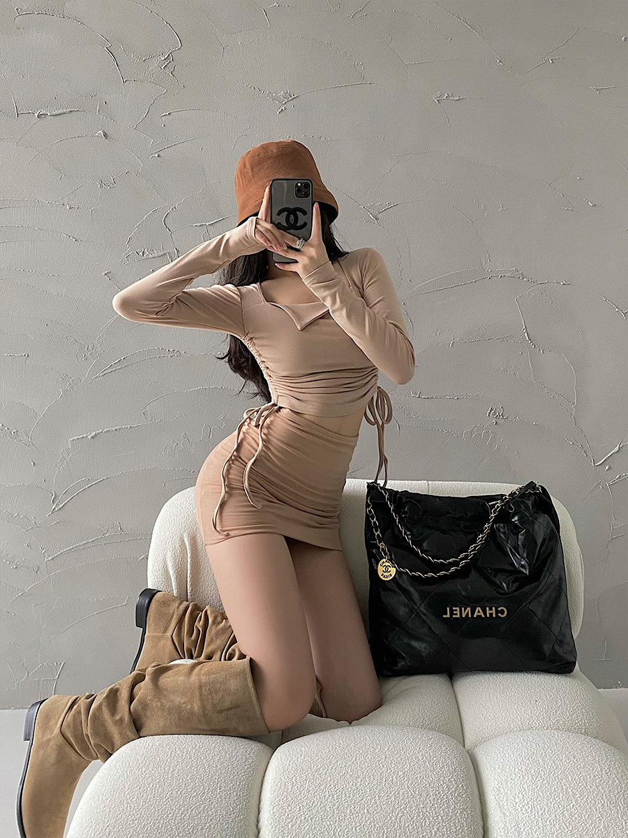 纯欲性感抽绳褶皱长袖T恤上衣女