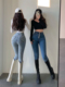 YoungGirlDay辣妹性感高腰翻边单排扣紧身显瘦小脚铅笔裤 牛仔裤 女