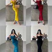 YoungGirlDay 纯欲性感V领紧身显瘦后开叉弹力包臀吊带连衣裙长裙