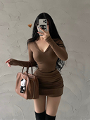 YoungGirlDay 纯欲风性感V领紧身显瘦褶皱长袖 打底连衣裙包臀短裙