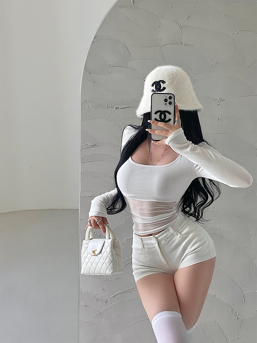 褶皱拼接网纱长袖T恤上衣