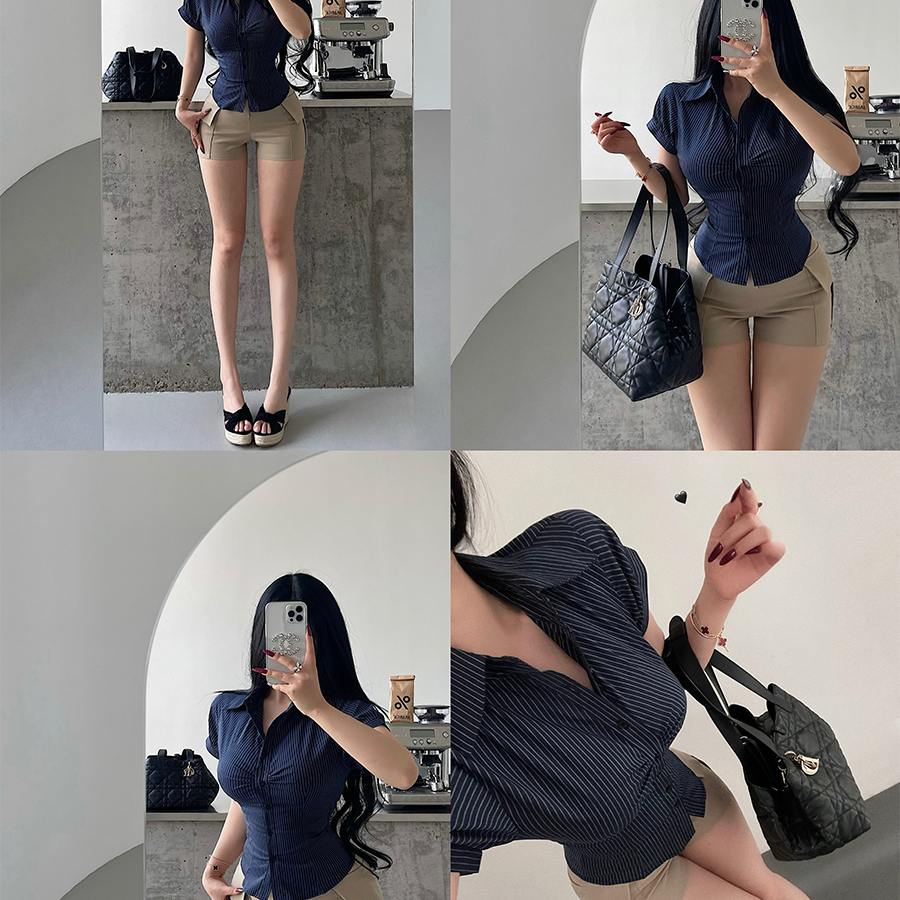 单排扣收腰显瘦条纹短袖衬衫上衣