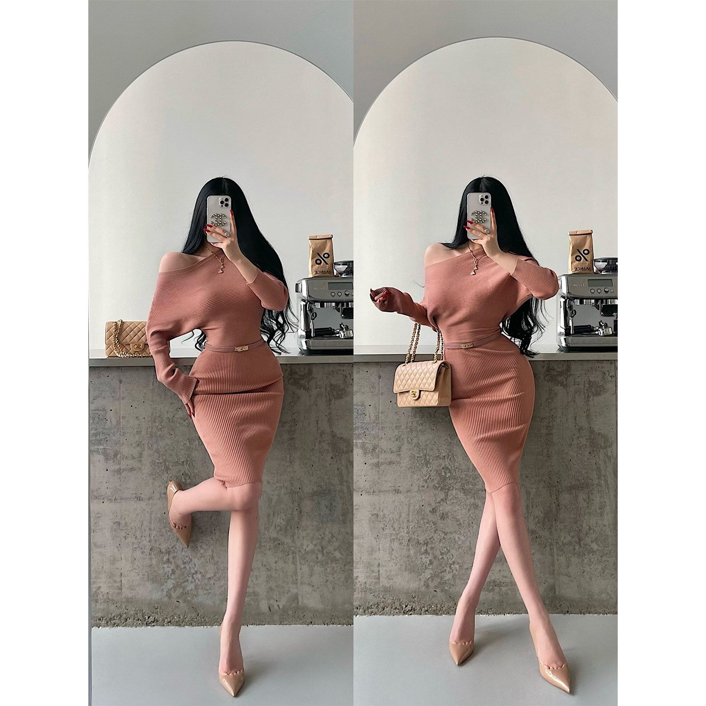 YoungGirlDay微醺玫瑰性感不规则斜肩针织包臀中长款连衣裙含腰带