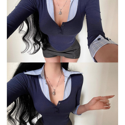 衬衫领拼接假两件七分袖T恤上衣