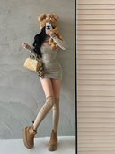 YoungGirlDay纯欲风性感心机镂空拉链紧身长袖 针织连衣裙包臀短裙