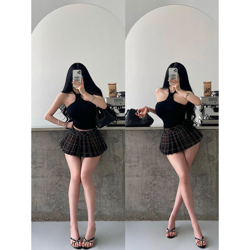 YoungGirlDay纯欲风性感自带胸垫挂脖背心高腰格纹百褶裙短裙套装