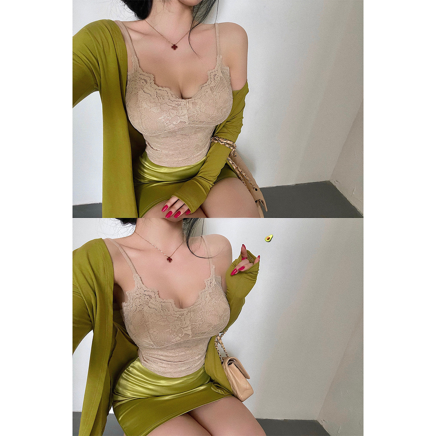 YoungGirlDay 纯欲氛围感性感V领修身收腰显瘦含胸垫蕾丝吊带背心