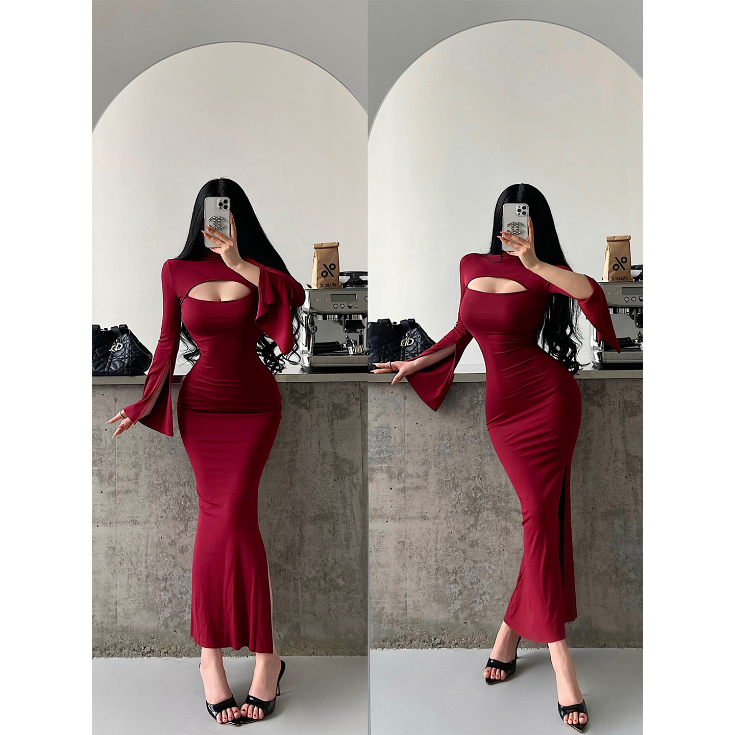 YoungGirlDay御姐性感镂空小高领喇叭袖侧开叉鱼尾包臀连衣裙长裙,女装/女士精品,连衣裙,淘宝优惠券,粉丝福利购,淘宝优惠卷