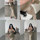 YoungGirlDay纯欲性感一字领斜肩飘带修身 褶皱收腰包臀连衣裙长裙