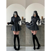 YoungGirlDay纯欲温柔风立领修身 褶皱裙摆喇叭长袖 针织连衣裙短裙