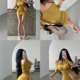 YoungGirlDay纯欲风辣妹性感斜领露肩收腰褶皱短袖 包臀连衣裙短裙
