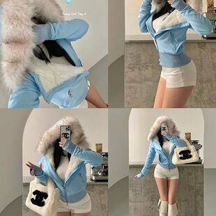 YoungGirlDay纯欲甜妹毛领连帽拉链加绒加厚毛绒内胆卫衣棉服外套